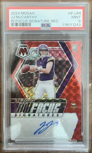 2024 Mosaic JJ McCarthy RC In Focus red auto /199 PSA 9 front
