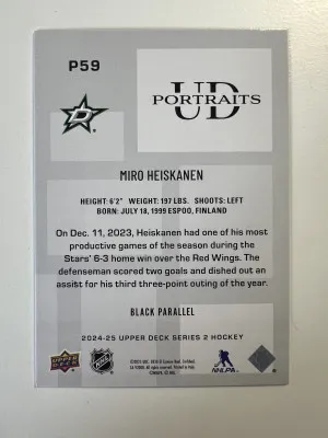 2024-25 Upper Deck UD Portraits Black Parallel Miro Heiskanen back