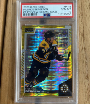 Patrice Bergeron 2020-21 O-Pee-Chee Platinum Preview Seismic Gold /25 PSA 10 POP 1 front