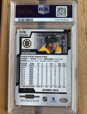 Patrice Bergeron 2020-21 O-Pee-Chee Platinum Preview Seismic Gold /25 PSA 10 POP 1 back