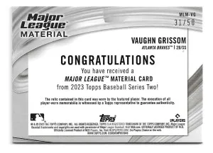2023 Topps Major League Materials Gold #MLMVG Vaughn Grissom (RC) - Atlanta Braves (#31/50) back