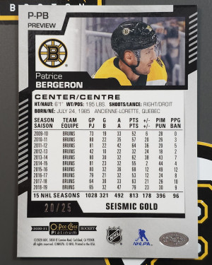 2020-21 OPC Platinum Preview P-PB Seismic Gold /25 Patrice Bergeron back