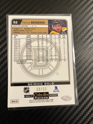 2017-18 O-Pee-Platinum Patrice Bergeron Seismic Gold back