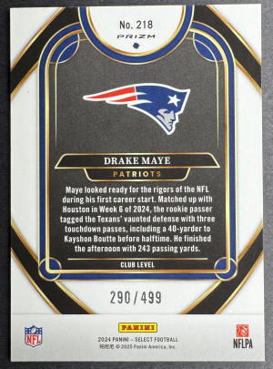 Drake Maye 2024 Select RC Club Level Green Shock /499 #218 back