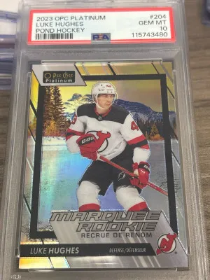 2023-24 OPC Plat Luke Hughes Pond Hockey SSP PSA 10 front