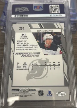 2023-24 OPC Plat Luke Hughes Pond Hockey SSP PSA 10 back