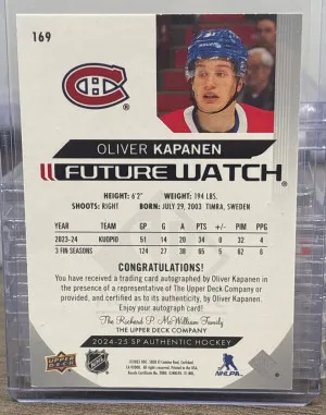 24/25 SPA Future Watch Auto Inscribed Rookie Oliver Kapanen back