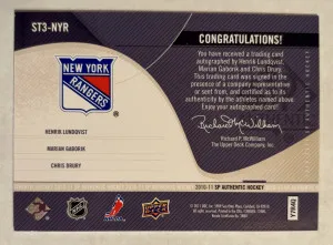 2010-11 SP Authentic Sign Of The Times Triples /25 Henrik Lundqvist,  Gaborik, Drury back