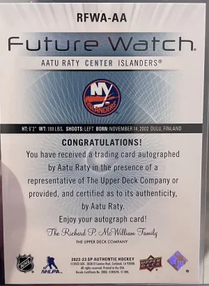2022-23 SP Authentic Retro Future Watch Auto- Aatu Raty/199 back