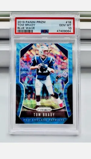 2019 Panini Prizm Tom Brady Blue Wave /199 pop 20 front