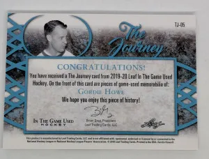 2019-29 Leaf In The Game Used Hockey The Journey TJ-05 Gordie Howe 19/20 back