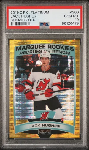 2019 O-Pee-Chee Platinum Jack Hughes Seismic Gold PSA 10 front