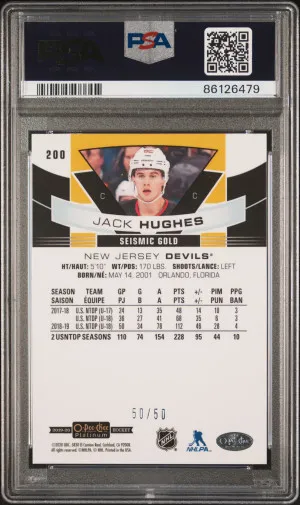 2019 O-Pee-Chee Platinum Jack Hughes Seismic Gold PSA 10 back