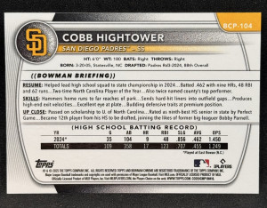 Cobb Hightower 2025 Bowman Chrome 1st #BCP-104 Yellow Sapphire /75 - Padres back