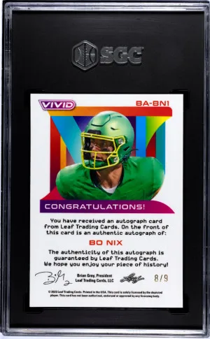 2023 Leaf Vivid Bo Nix #BA-BN1 Gray Mojo 8/9 Denver Broncos SGC 10/10 Auto back