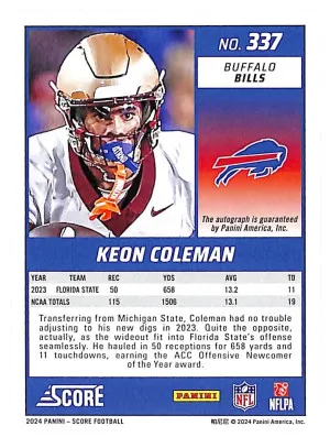Keon Coleman #337 Green Signature RC Auto 2024 Panini Score Buffalo Bills/Florida State back