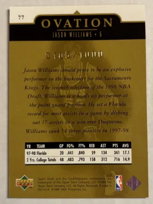 1998-99 Upper Deck Ovation #77 Rookie Gold Jason Williams /1000 back