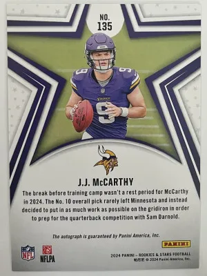 2024 Rookies and Stars JJ McCarthy RC auto /200 back