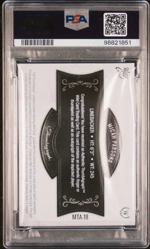 2021 Wild Card Matte White Premier Edition Thumbagraph Autographs Micah Parsons /10 Thumbagraph Auto-Silver PSA 10 💎 POP 1! back