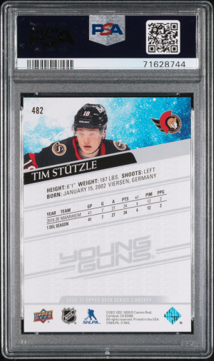 2020 Upper Deck 482 Tim Stutzle Young Guns PSA 10 Gem Mint back