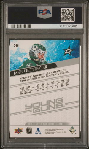 2020 Upper Deck 246 Jake Oettinger Young Guns PSA 10 Gem Mint back