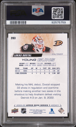 2022 Upper Deck 203 Lukas Dostal Young Guns PSA 10 Gem Mint back