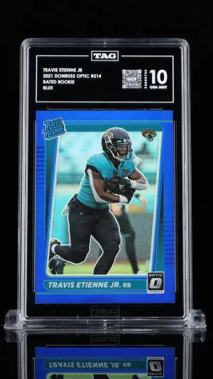 Travis Etienne Jr 2021 Donruss Optic Rated Rookie #214 Blue TAG 10 front