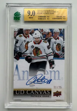 2018-19 UD CLEAR CUT CANVAS AUTO PATRICK KANE /25 MNT 9.0 front