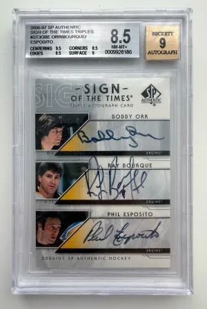 2006 SP AUTHENTIC SIGN OF THE TIMES TRIPLES ORR BOURQUE ESPOSITO/25 BGS 8.5 front