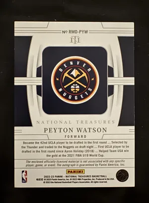 2022 Panini National Treasures Peyton Watson Duel Rookie Patch Auto 25/99 back
