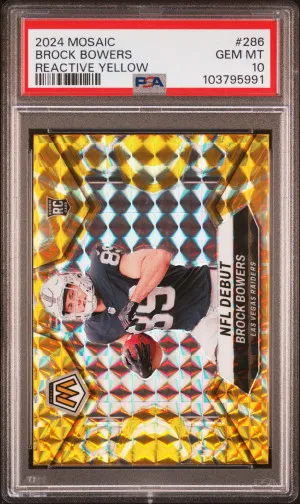 Brock Bowers 2024 Mosaic #286 Rookie RC Reactive Yellow Prizm PSA 10 GEM MT front
