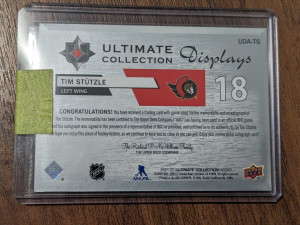 Tim Stutzle /99 jersey auto 2021-22 Upper Deck Ultimate Collection Display Jersey /99  #UDA-TS Auto back