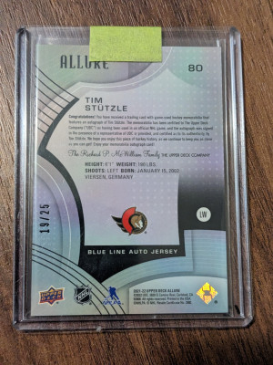 Tim Stutzle /25 Blue Line Jersey auto 2021-22 Allure back