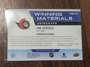 Tim Stutzle /99 jersey auto 2021-22 SPX Winning Materials back