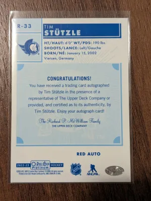Tim Stutzle 2022-23 O-Pee-Chee Platinum Retro Red Rainbow Auto Tim Stutzle #R-33 Auto back