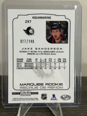 22-23 OPC Jake Sanderson Aquamarine Rookie /149 back