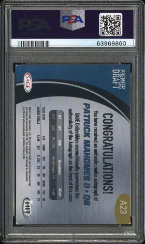 2017 Sage Hit Premier Draft Autographs Patrick Mahomes ROOKIE AUTO GOLD /250 PSA 10 AUTO back