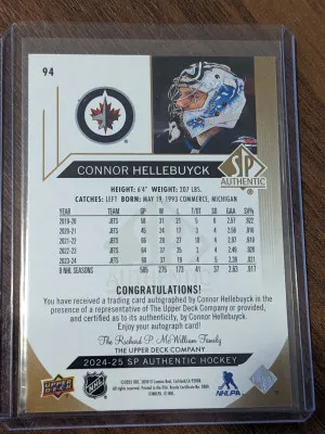 2024-25 SP Authentic Limited Auto Connor Hellebuyck FCH7 back