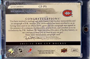 2011-12 The Cup Foundations Quad Jersey Auto /15 P.K Subban back