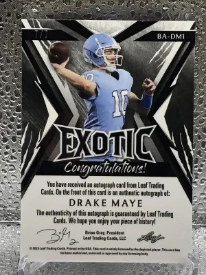 2023 Leaf Exotic Tiger No.BA-DM1 Numbered 7/7 Drake Maye Autograph back