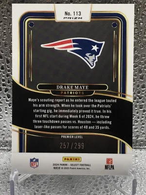 2024 Prizm Select Premier Level No.113 Prizm Rookie Card Drake Maye Numbered 257/299 back
