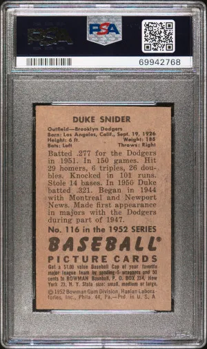 1952 Bowman Duke Snider #116 PSA 4 back