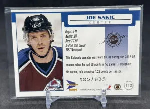 Joe Sakic 2003-04 Pacific Prism Game-Worn Jersey /935 #112 Avalanche back