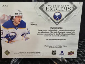 2023-24 Upper Deck Ultimate Collection - Ultimate Emblems Autographs Rookies Matthew Savoie #UE-SA Gold /99 back