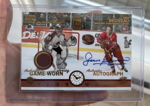 2003-04 Pacific Exhibit Time Warp Auto Jersey 475/565 #218 Patrick Roy & Jean Beliveau front