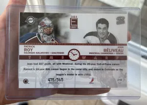 2003-04 Pacific Exhibit Time Warp Auto Jersey 475/565 #218 Patrick Roy & Jean Beliveau back