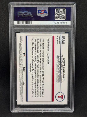 Wyatt Langford 2024 Topps Update #US341 Yellow Rookie (RC) PSA 10 - Rangers back