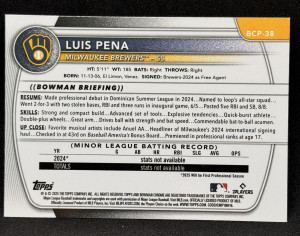 Luis Pena 2025 Bowman Chrome 1st Sapphire #BCP-38 - Brewers back