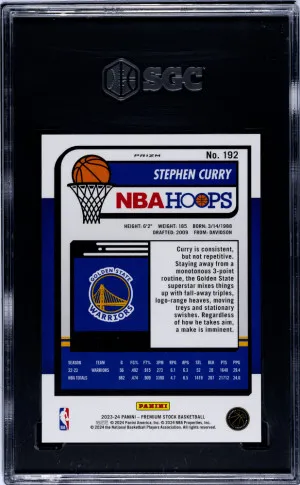 2023 Panini Hoops Premium Stock Stephen Curry #192 Neon Blue Prizm SGC 9.5 back