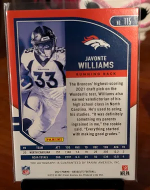 2021 Panini Absolute Football Javonte Williams Rookie Auto /60 back